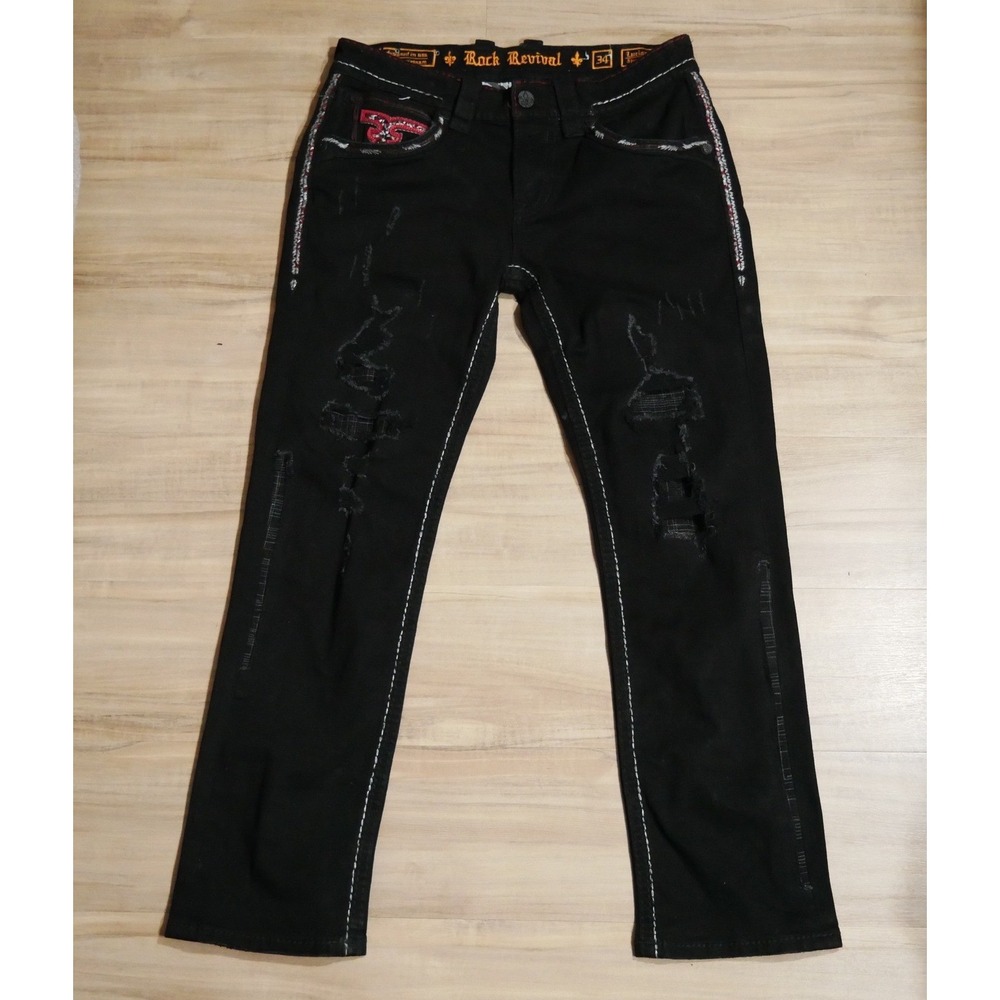Rock Revival Lucian Straight Black Distressed Jeans Mens 34 Embroidered Pockets